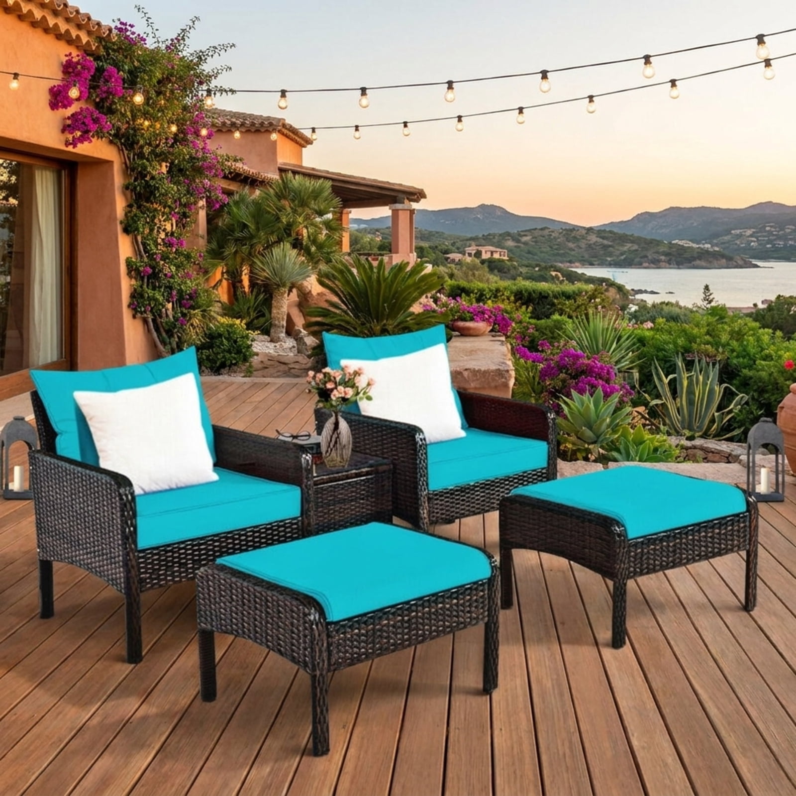 Biotree 5 Pieces Patio Rattan Furniture Set Sofa Outdoor Conversation Set for Garden Backyard Porch, Red/Turquoise/Beige