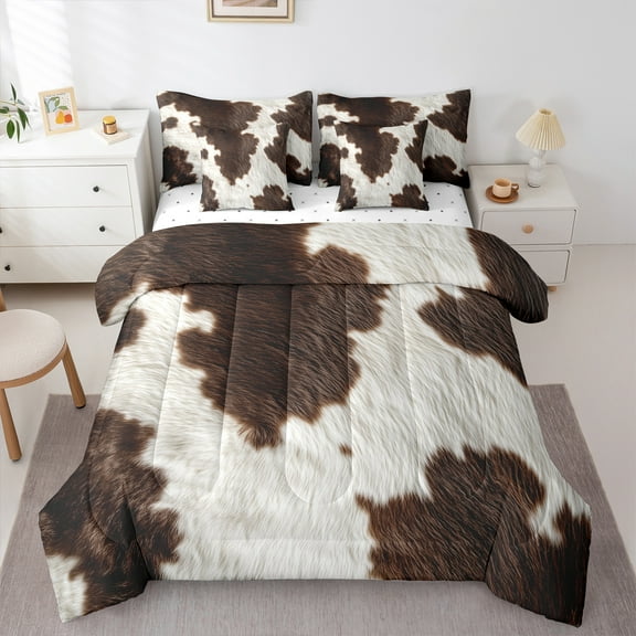 Manfei Brown Cow Hide 7-Piece Twin Bedding Sets,Farm Cowhide Bedding Comforter Set,Rustic Farmhouse Cabin Sheet Sets For Men Women,Ultra Soft Home Decor