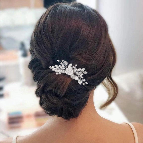 Flower Bride Wedding Hair Comb Silver Crystal Bridal Hair Pieces Leaf Hair Clip Bead Hair Accessories for Women and Girls