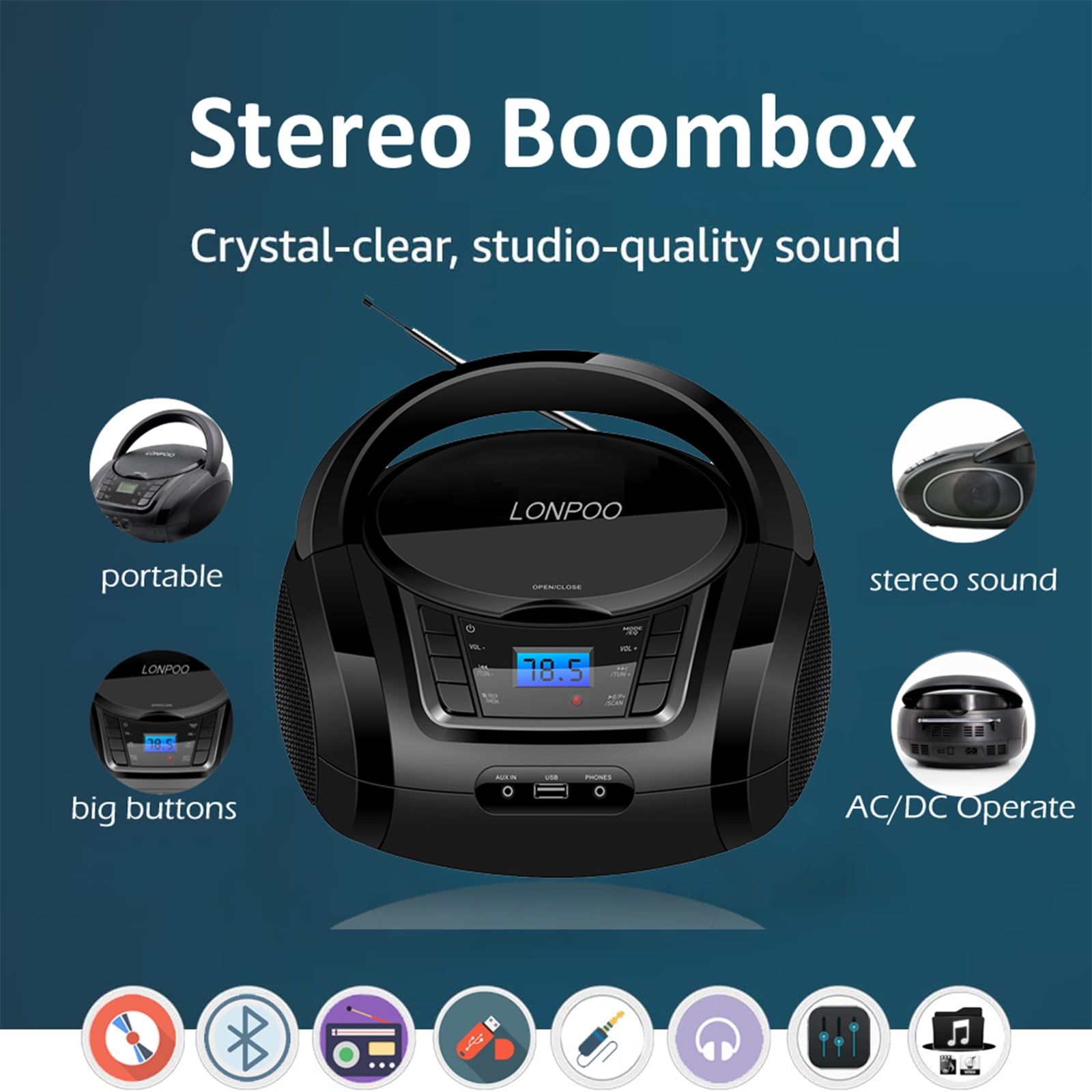 LONPOO Portable CD Player Boombox Classic Stereo Sound System Outdoor Speaker with FM Home Audio Radio, Bluetooth, Aux-in, USB Playback, Black