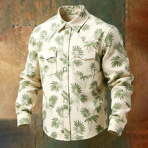 Ceisia Men's Loose Fit Vintage Palm Leaf Print Long Sleeve Cotton Shirt Khaki L Gifts