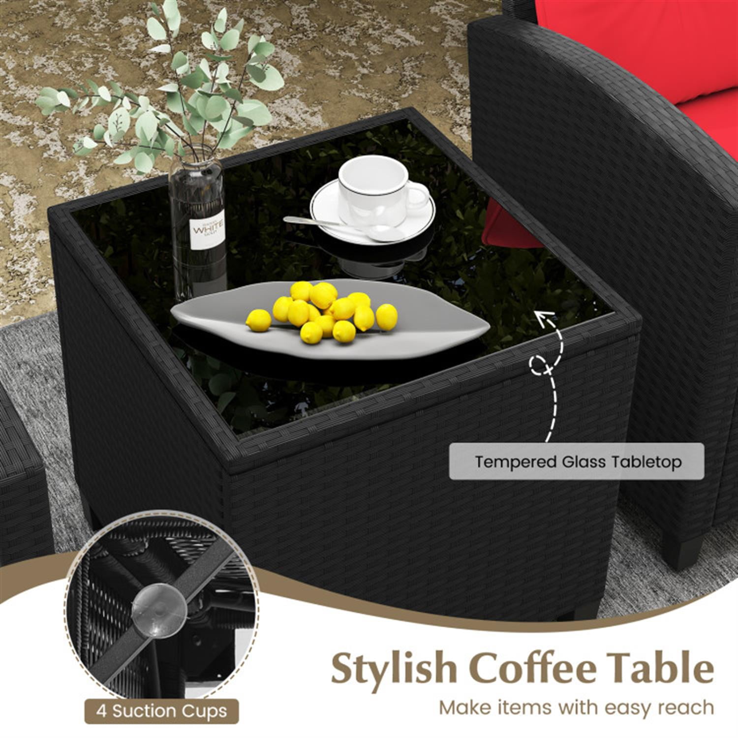 Demi Bonn 3 Pieces Rattan Patio Furniture Set with Washable Cushion, Conversation Armchairs for Garden Poolside Balcony, Red