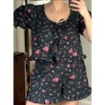 thumbnail image 4 of Yunliwuli Women Summer Shorts Outfits Floral Print/Patchwork/Stripe Tie-Up Short Sleeve Tops Elastic Waist Shorts 2 Pieces Clothes Set, 4 of 7