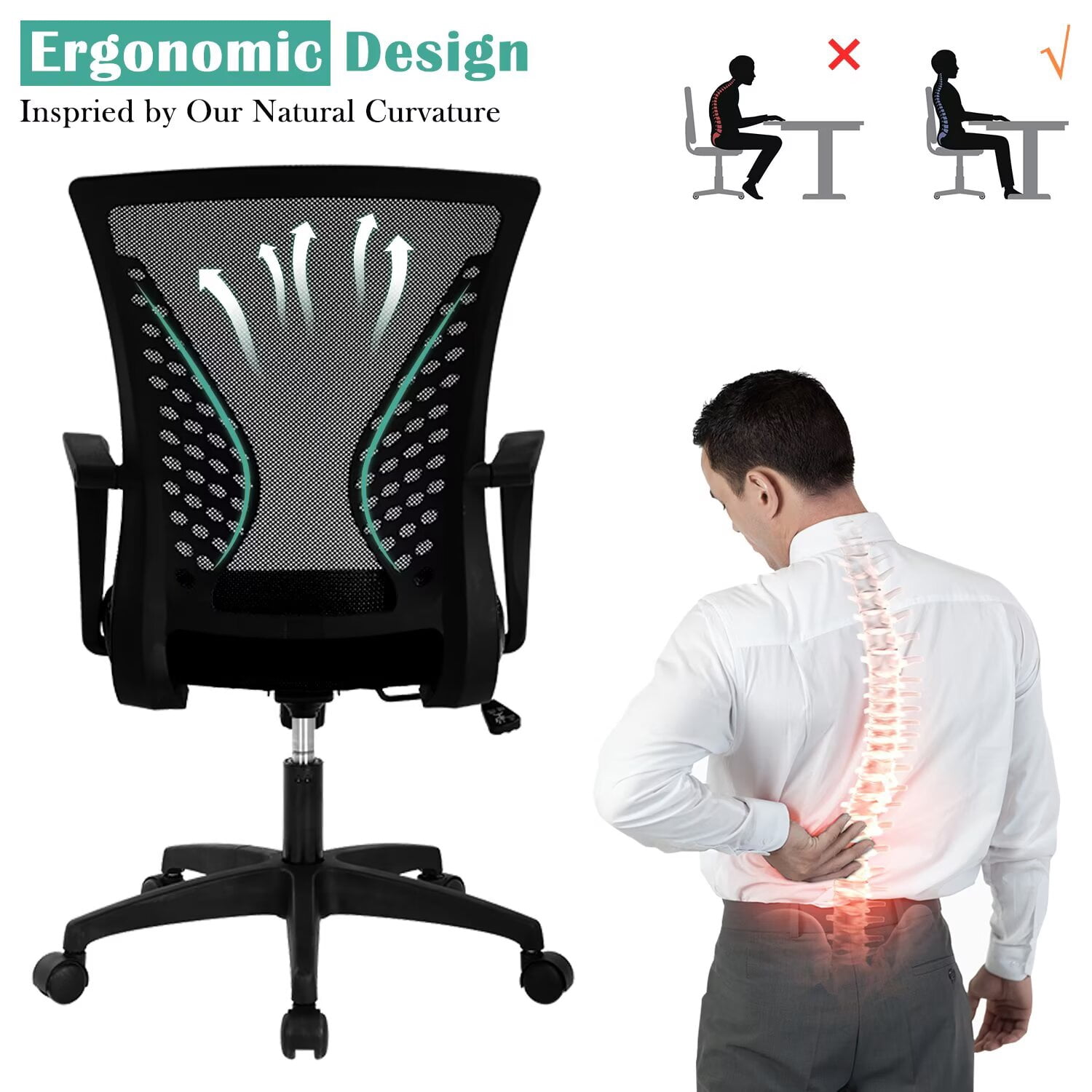 YRLLENSDAN Mesh Executive Office Chair with Armrest, Ergonomic Desk Chairs with Wheels, Adjustable Comfy Lumbar Support Swivel Chair, Black