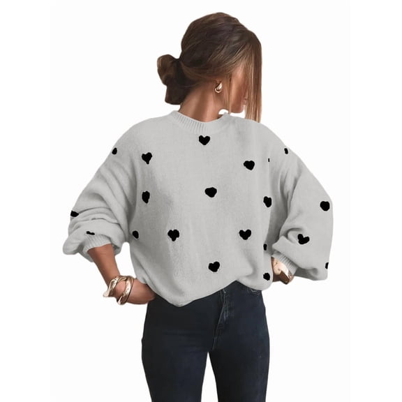 Women'S Oversized Heart Sweater Long Sleeve Crewneck Drop Shoulder Cute Knit Tops Jumper Gray S