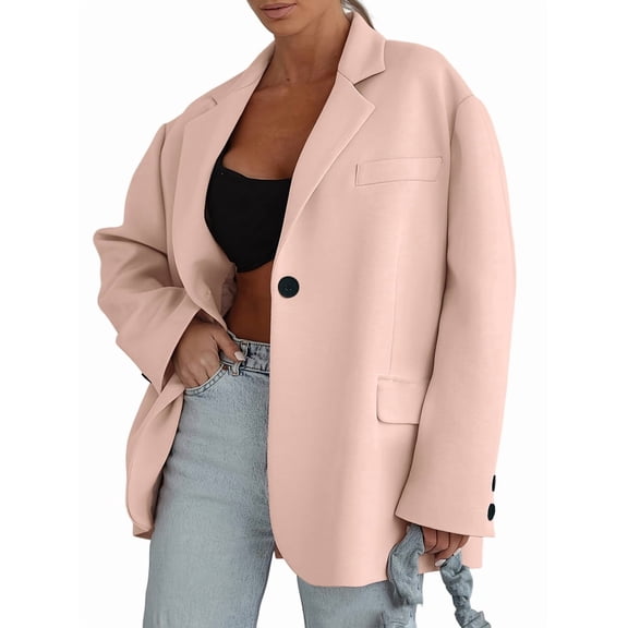 Womens Casual Work Office Blazer Jacket Long Sleeve Open Front Two Button Suit Blazer with Pockets Lotus Pink M