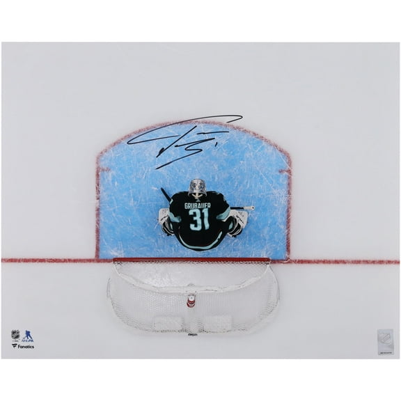 Philipp Grubauer Seattle Kraken Autographed 16" x 20" Navy Jersey Overhead Photograph - Fanatics Authentic Certified