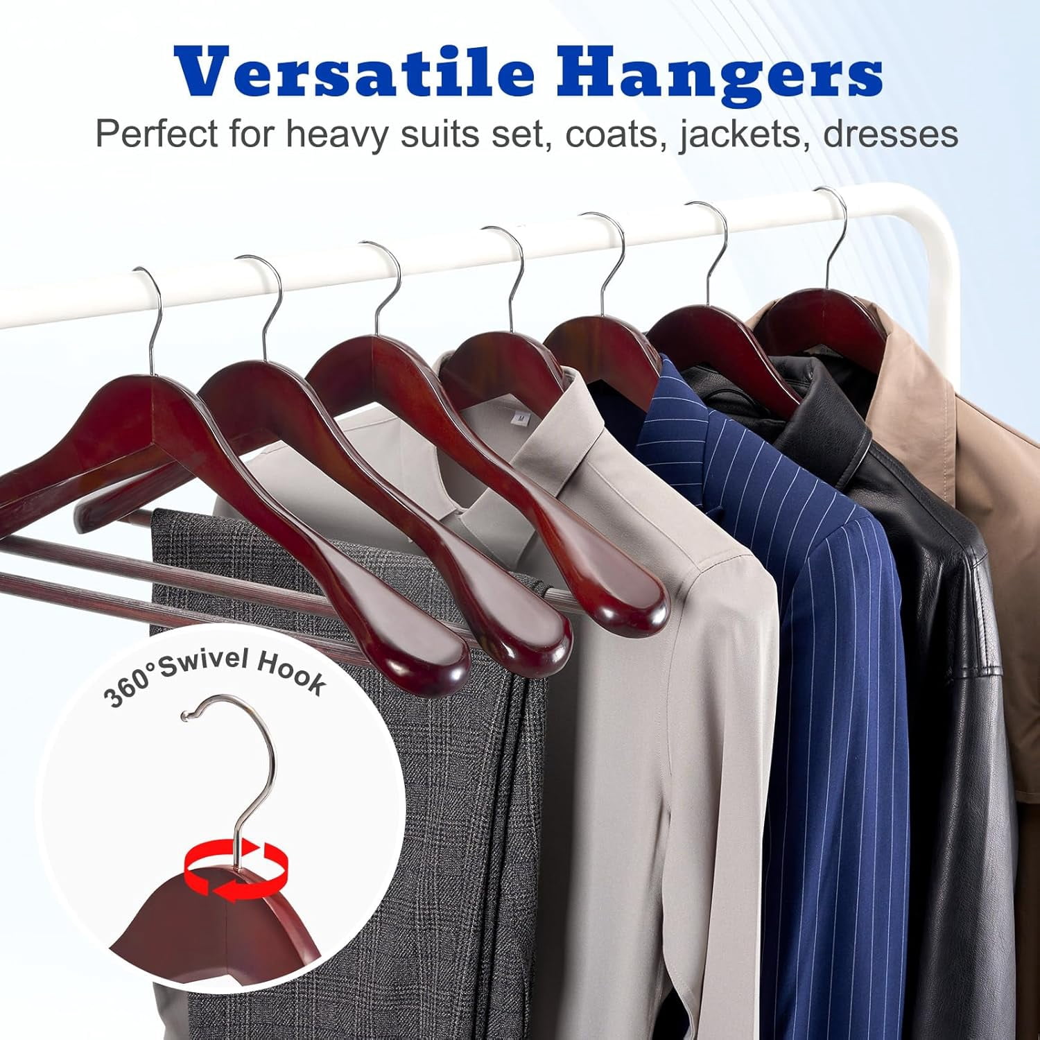 Solid Wood Wide Shoulder Hangers with Non-Slip Pants Bar, 360 °   Swivel Hook for Suits, Dresses, Jackets, and Heavy Clothes - 6 Pack (Walnut Finish)