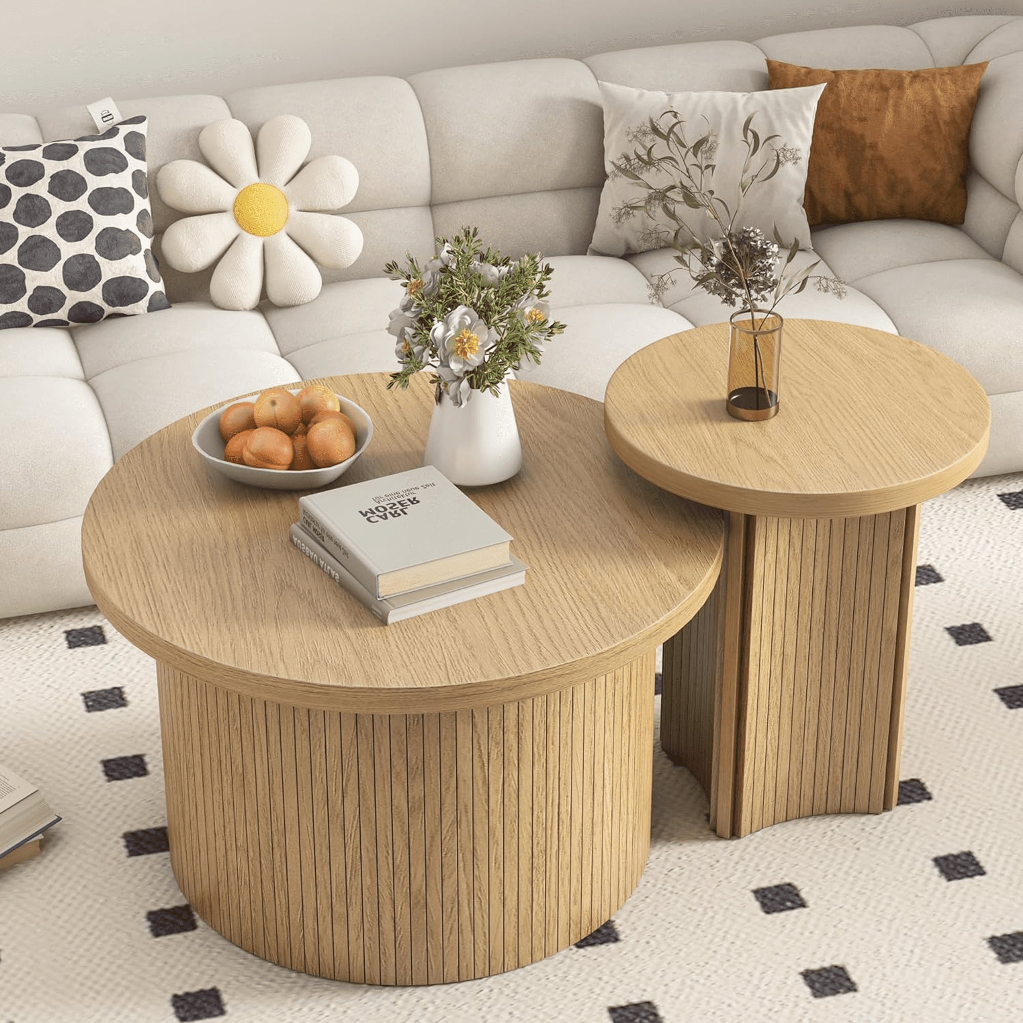 Modern Nesting Coffee Table Set of 2, Wood Round Table for Living Room Bedroom Balcony