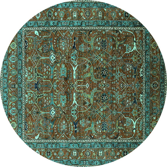 Ahgly Company Machine Washable Indoor Round Oriental Turquoise Blue Industrial Area Rugs, 8' Round