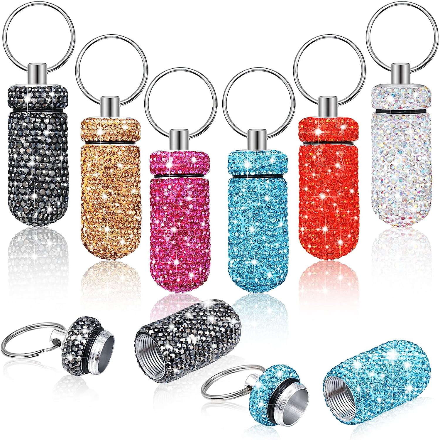 6 Pcs Bling Pill Case Portable Pill Container Keychain Waterproof Pill