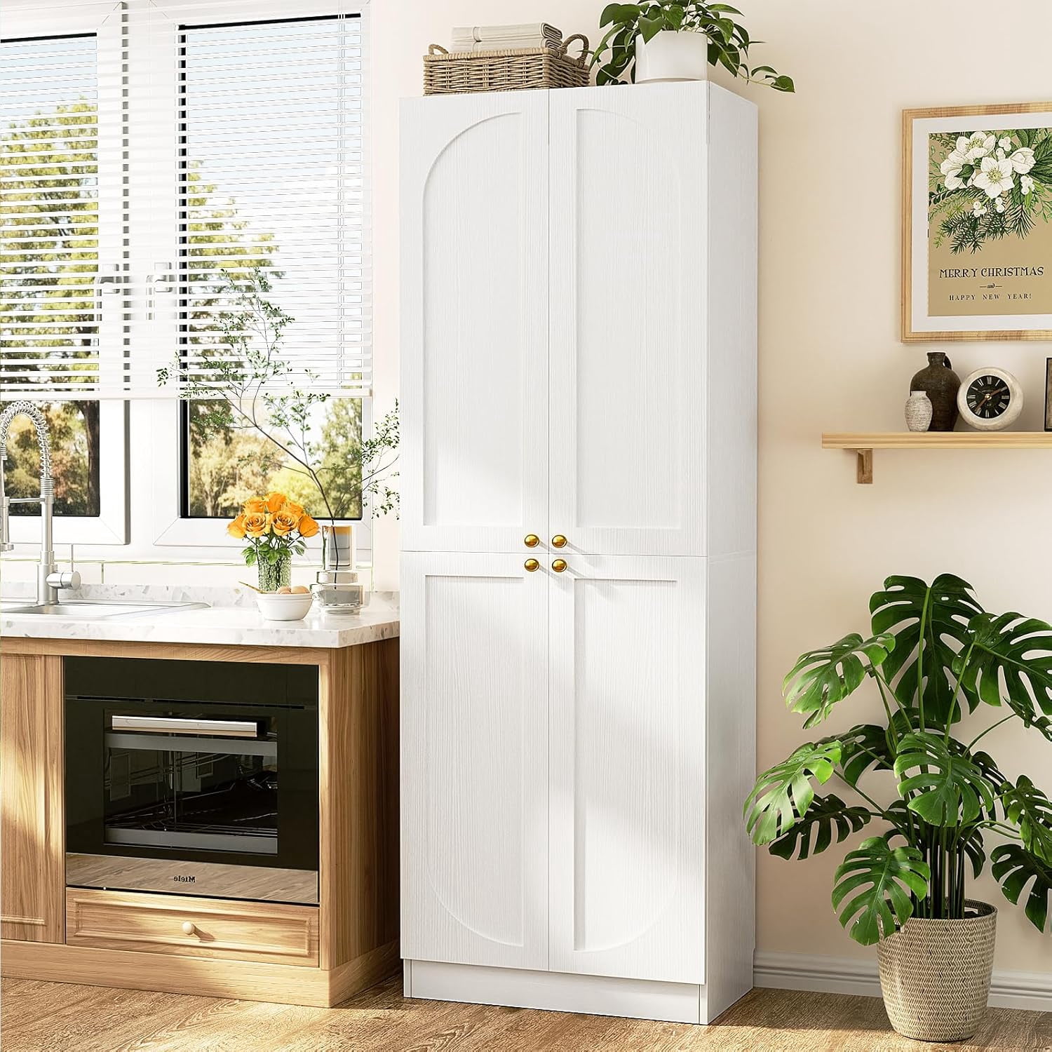 Homieasy 80" Kitchen Pantry Cabinet, Extra Tall Arch Storage Cabinet, White