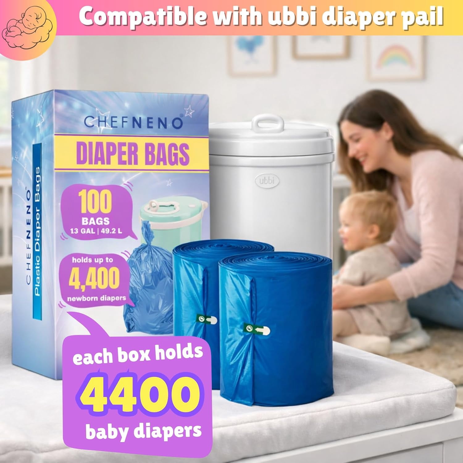Disposable Diaper Pail Refill Bags (100 Bags) Compatible with Ubbi Diaper Bag Pail 13 Gal acity Diaper Pail Bag Medium Kitchen Trash Bag Heavy Duty Recycled Large Garbage Bag (100 ct.)
