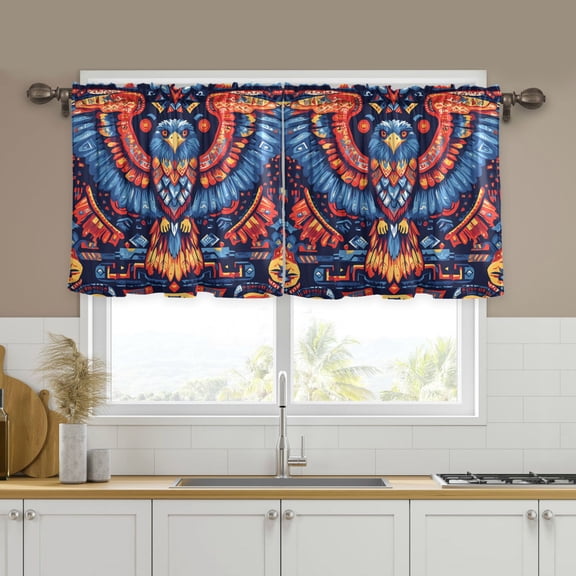 Yayeee Kitchen Curtains Tier Set of 2 Light Filtering 57"x24" Over Sink Window Panels, Blue Abstract Eagle