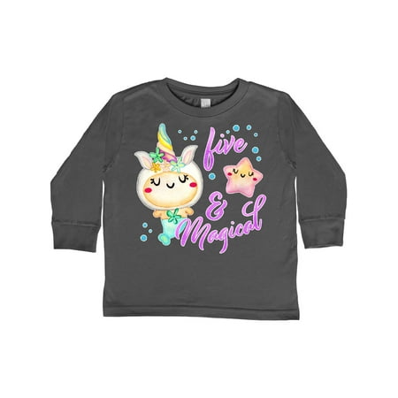

Inktastic Five and Magical- fifth birthday mermaid with unicorn horn Gift Toddler Boy or Toddler Girl Long Sleeve T-Shirt