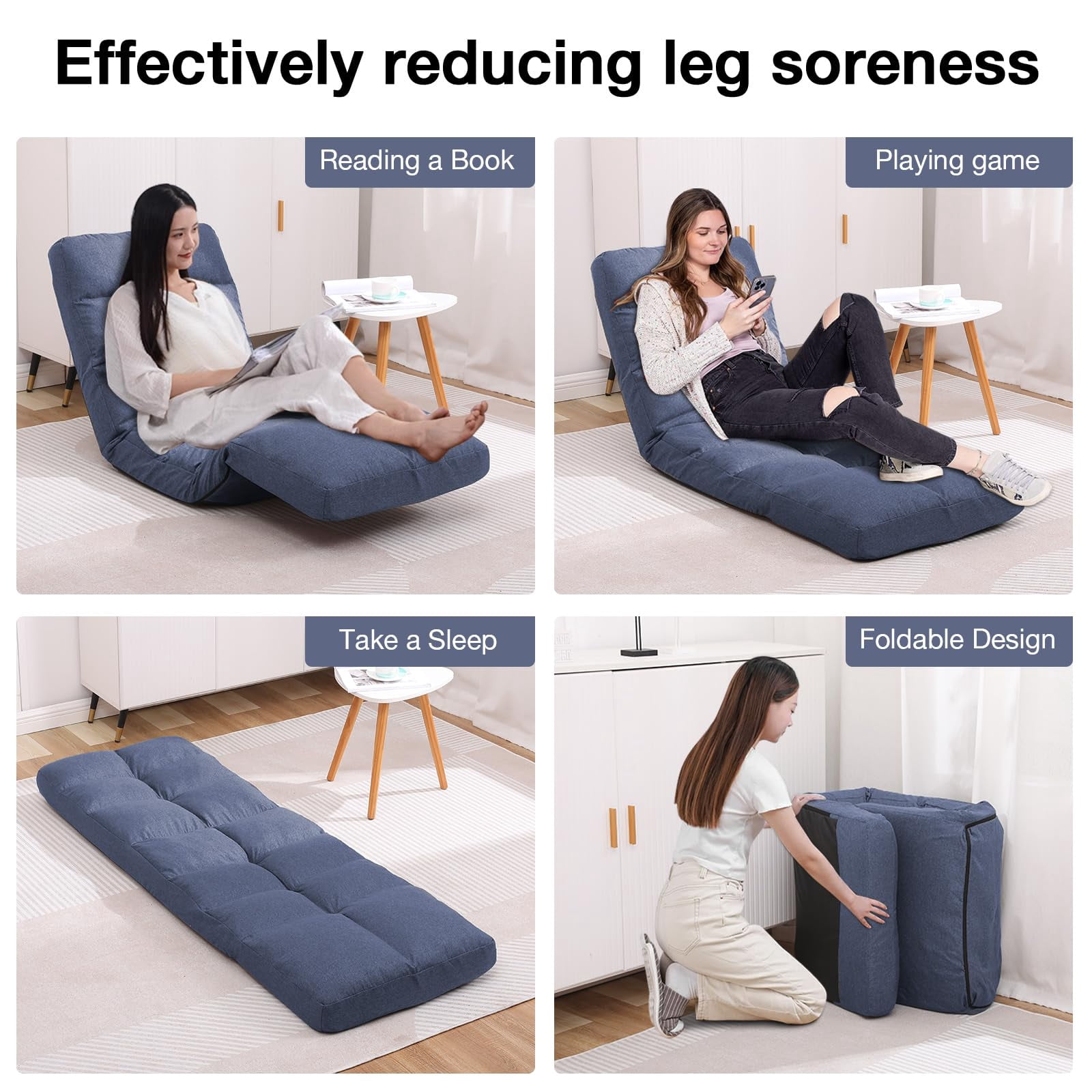 Floor Chair with Footrest Adjustable Backrest with 14 Positions Footrest 5-Position Adjustment Foldable Floor Gaming Chair for Easy Storage Linen Fabirc Chaise Lounge