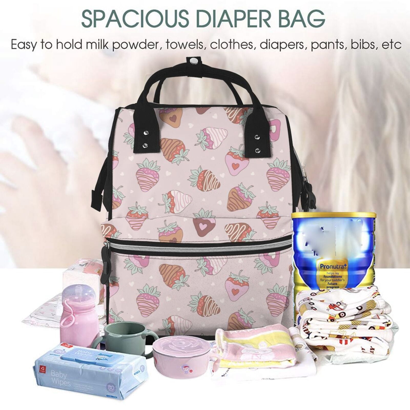 Ratiio Strawberry Cake Mummy Backpack - Waterproof Twill Canvas, Large Capacity Diaper Bag with Multiple Pockets and Adjustable Straps
