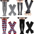 thumbnail image 4 of Conjunto de calcetines largos a rayas para mujer, calentadores de brazos y guantes sin dedos para fiesta de cosplay, 4 of 4