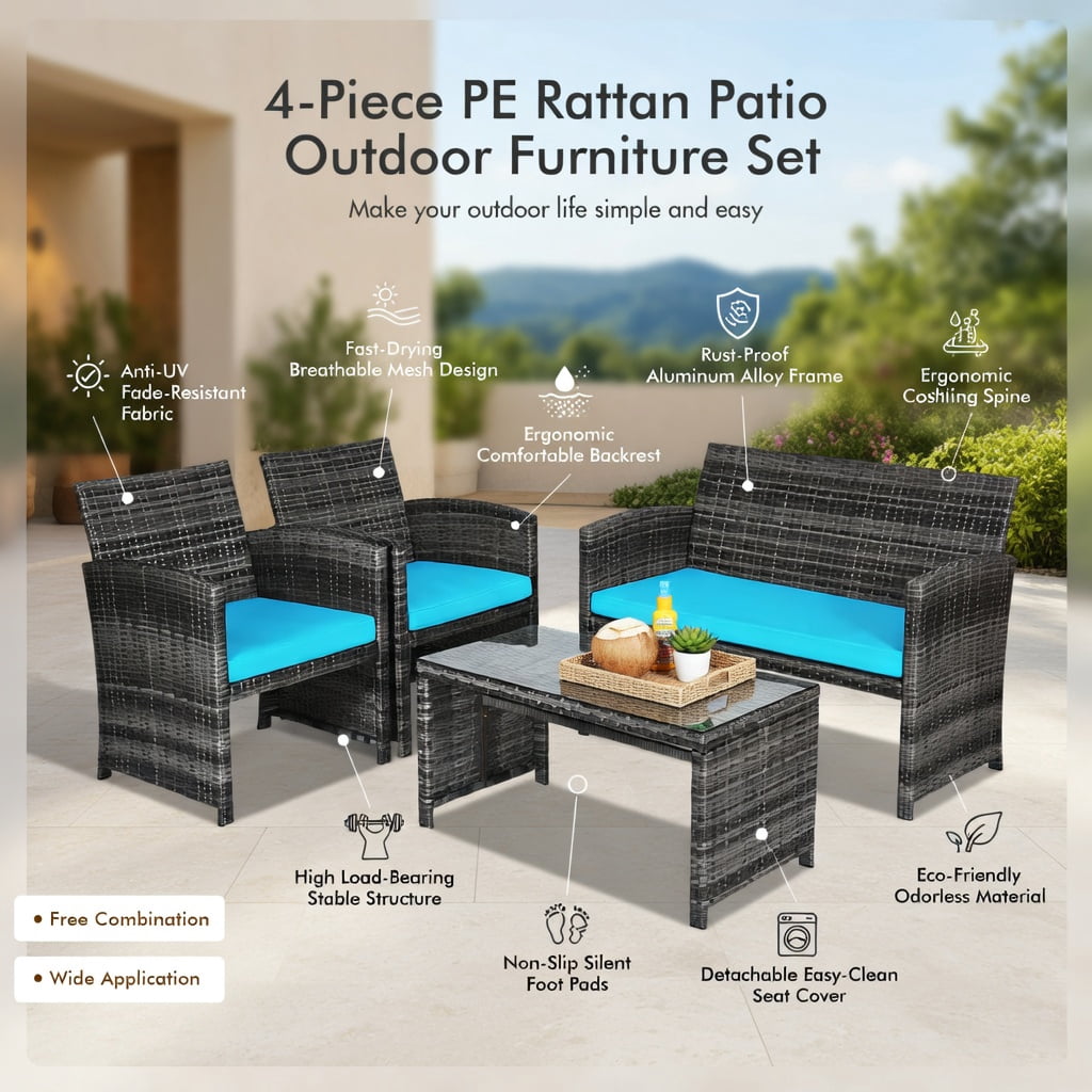 Hommoo 4-Piece Outdoor Rattan Patio Furniture Set with Removable Cushions, Turquoise