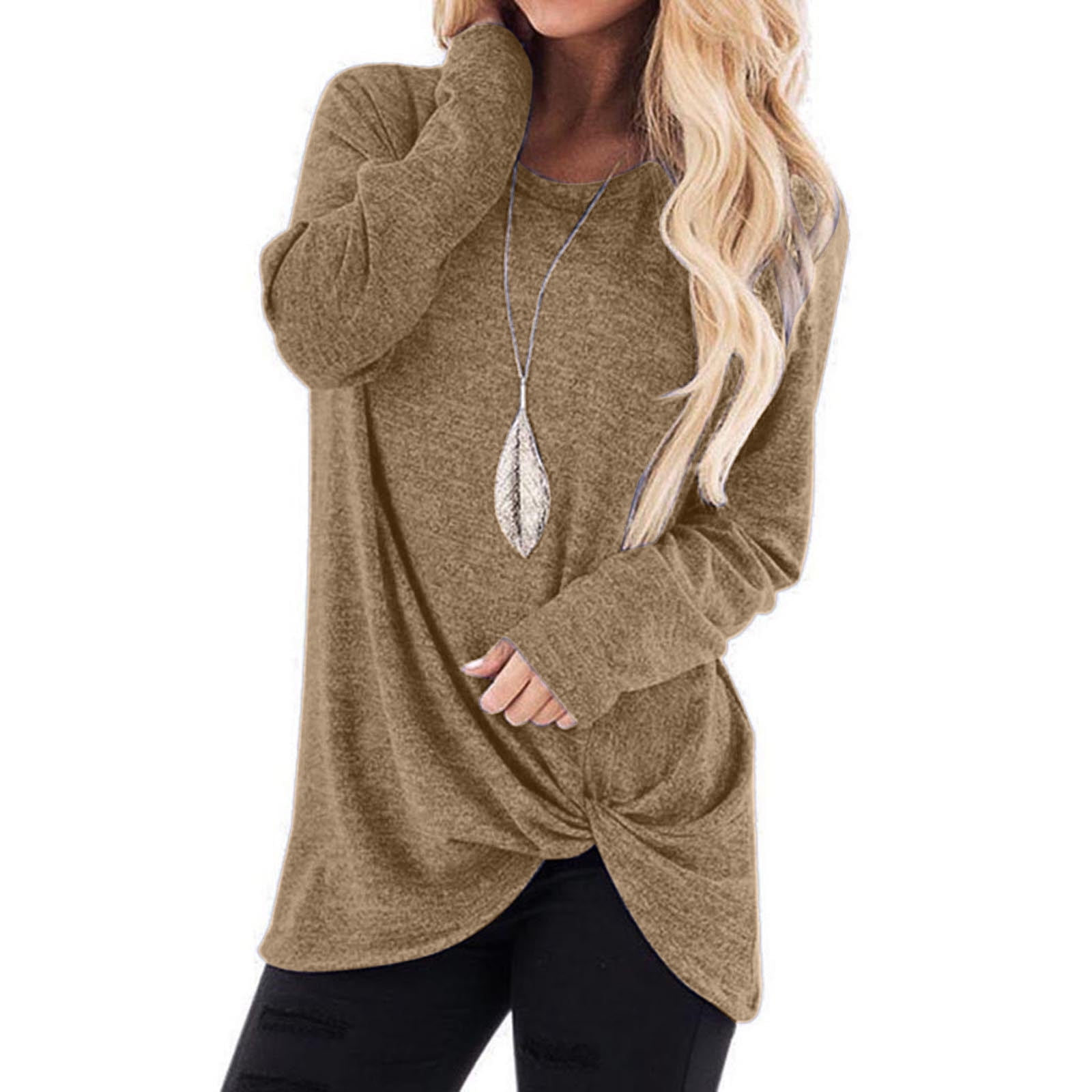 Women Long Sleeve ONeck Casual Solid Twist T-Shirt Casual Basic shirtBlouse Tops 