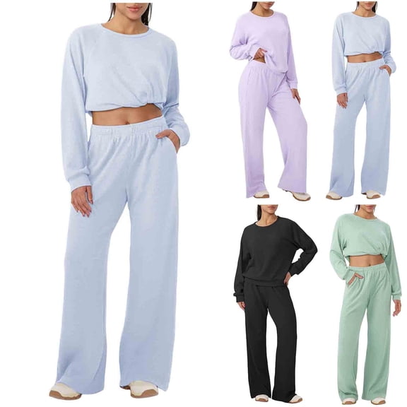 Ashirexll 2 Piece Sets for Women Solid Color Casual Loose Knit Long Sleeve Round Neck Top with Elastic Waist Pocket Pants Set