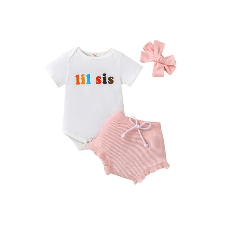 

Amuver Newborn Girl Outfits Short Sleeve Romper + Drawstring Ruffles Shorts + Decorative Hairband