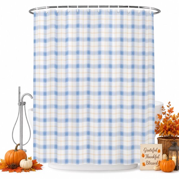 Blue Checkered Shower Curtain, Waterproof Shower Curtains for Bathroom, Buffalo Elegant Pastoral Farmhouse Art Washable Fabric Bathtub Curtain Set Bath Decor with 12 Hooks 48"x72"