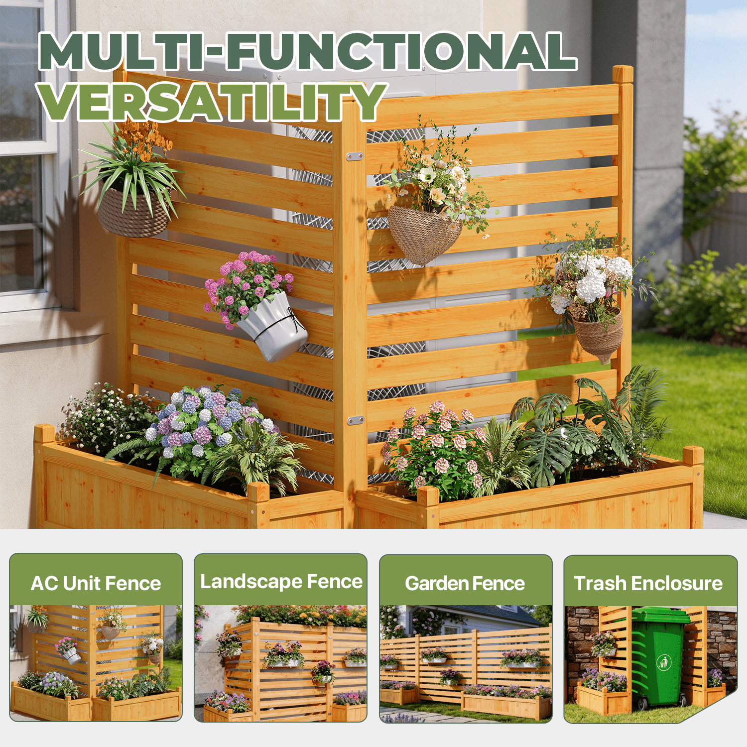 BaPiPro 2-Panel Wooden Planter Fence with Built-in Flower Boxes, Natural Wood Finish for Outdoor Privacy Screen