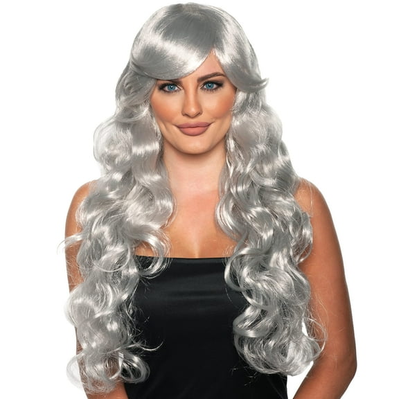 UNDERWRAPS Long Curly Silver Wig - Wavy Curly Silver Wig, Halloween Costume for Women, Deluxe Sexy Princess Cosplay Wig, Beautiful Long Curly Silver Wig