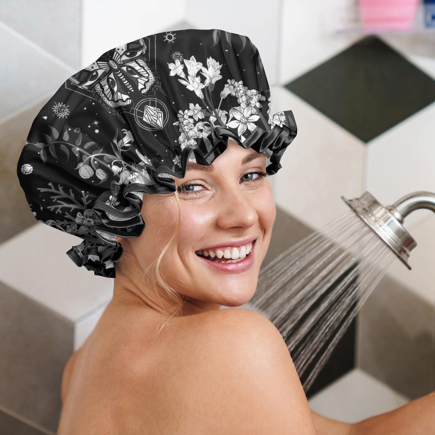 Shower Caps,Black Gothic Sun Moon Flower Pattern Waterproof Shower Cap for Women 4 Pieces,Double Reusable Hair Cover for Shower PEVA Elastic Stretch Hem