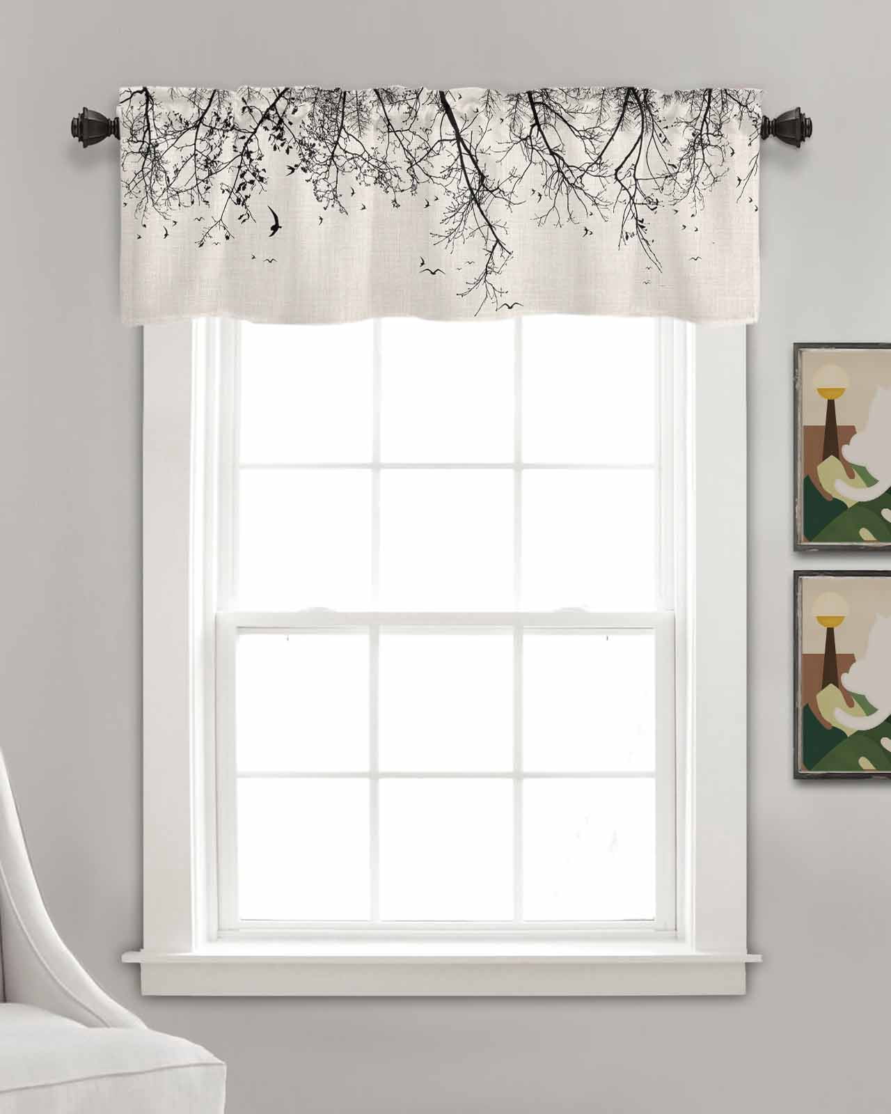 Tree Branch Linen Curtain Valance for Bedroom/Bathroom/Kitchen/Office/Living/Dining Room Window,Abstract Watercolor Rustic Farmhouse Pocket Topper Drapes Decorative Cafe Drapery Panel 54"x18"