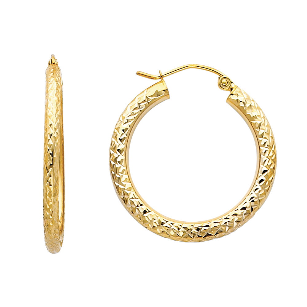 Ioka 14K White Gold 3mm Thickness Diamond Cut Hoop Hinged Earrings