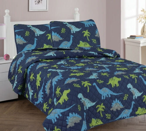 3-Piece Full Dinosaur Blue for Kids Microfiber Bedding Quilt Set, 1 Print Quilted Coverlet with 2 Matching Pillow Shams Included