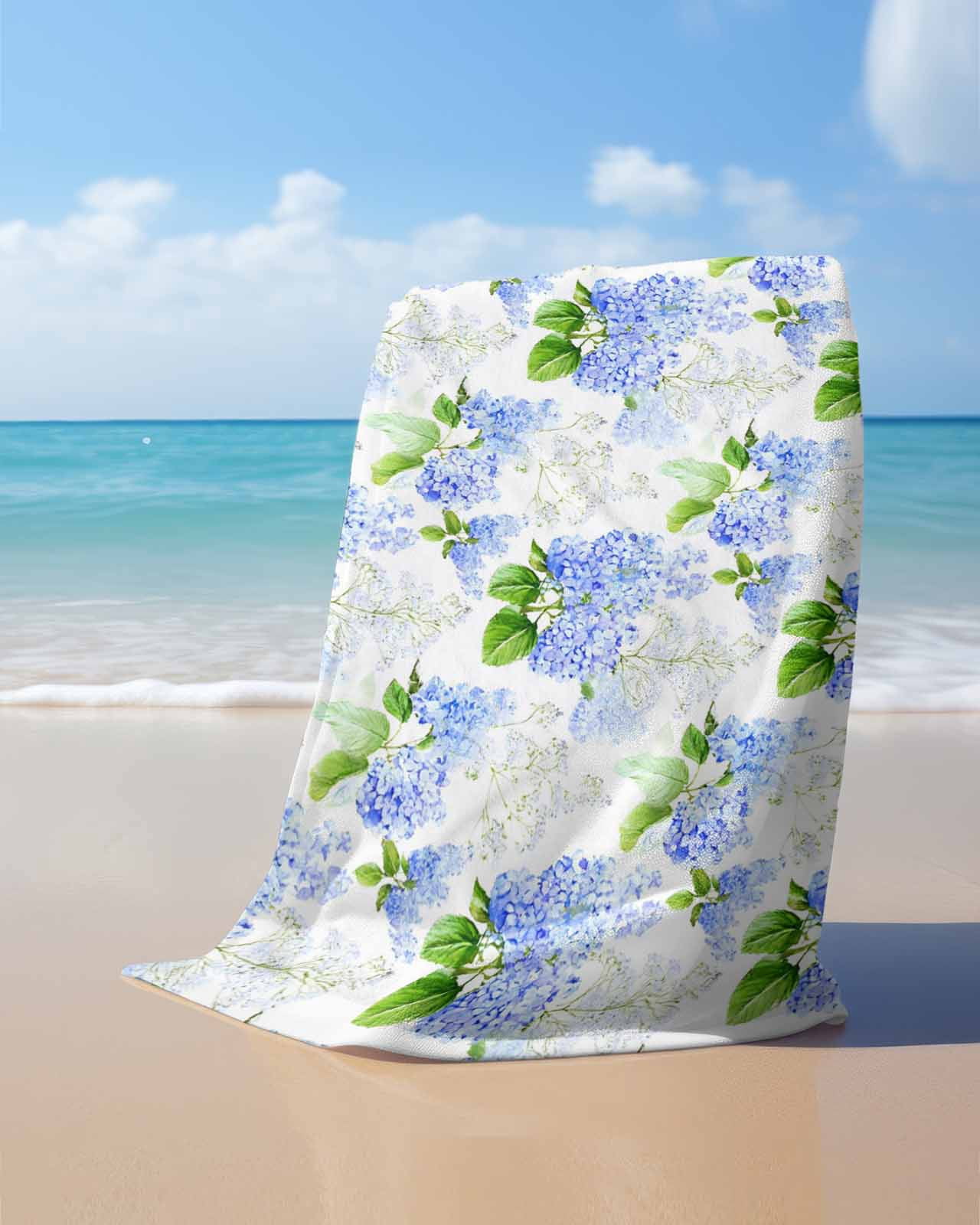 Summer Hydrangeas Beach Towels Oversized Super Absorbent, White Blue Flowers Pastoral Leaves Lightweight Bath Towel Quick Dry Sets For Bathroom/Pool/Rv Camping/Beach Play/Gym Room/Picnic 30"x60"