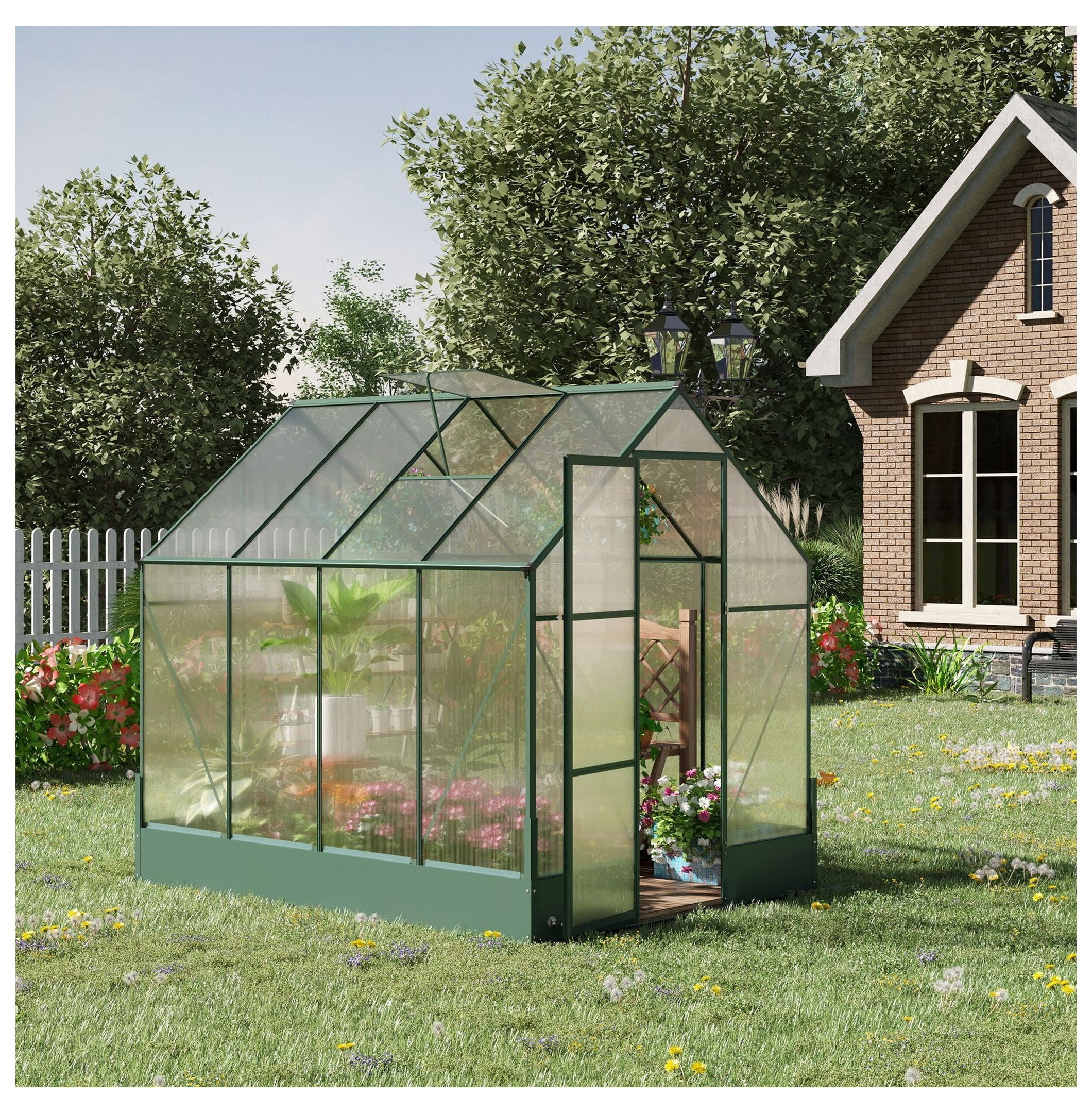 Walk-in Greenhouse 6x8x7ft, Polycarbonate Hobby Greenhouse for Outdoor Use, Temperature Controlled Window, Backyard Plant Grow House with Foundation