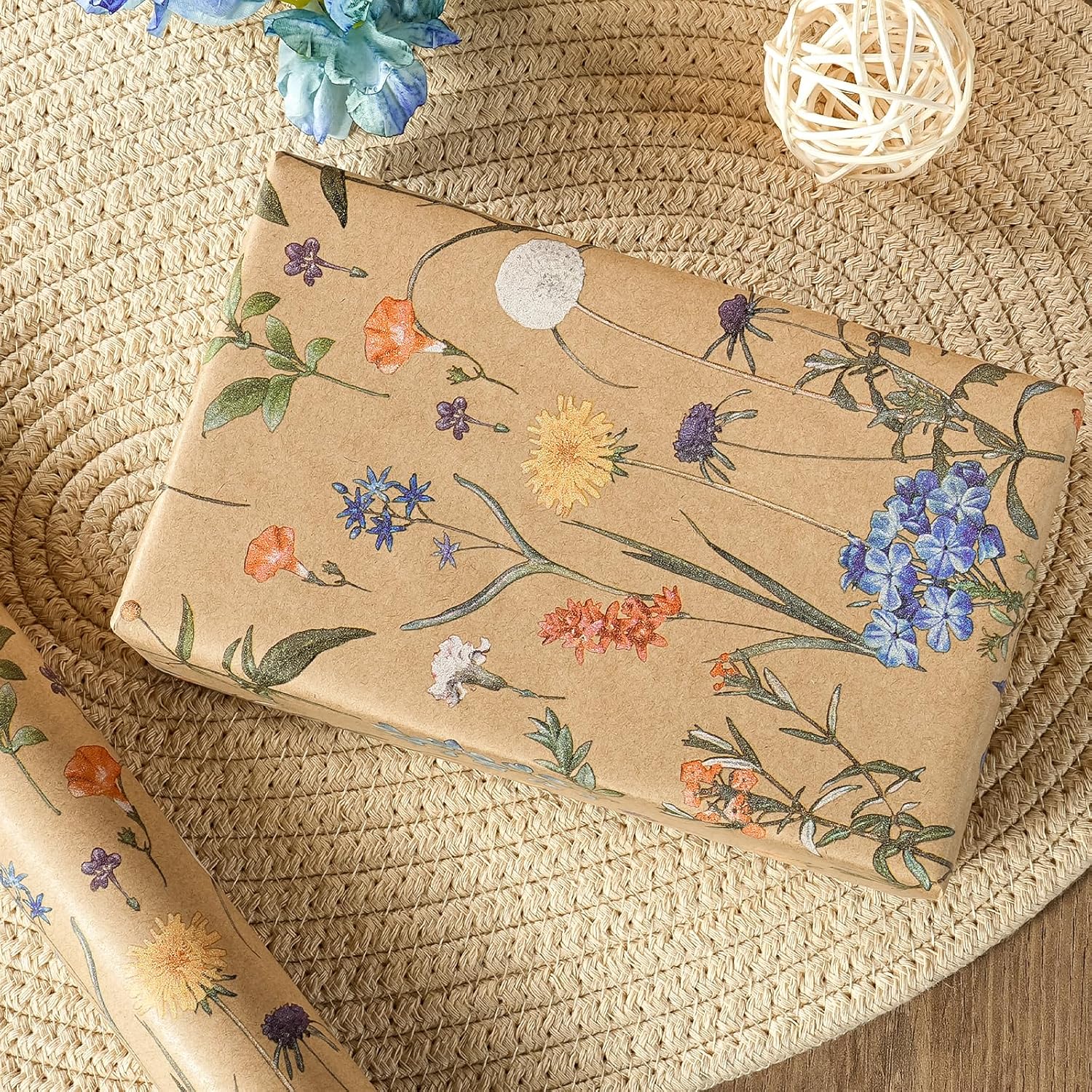 AllWays Plaza 30 Inch Kraft Floral Wrapping Paper Roll - 30 Inch x 33 Feet - Wildflower Wrapping Paper Perfect for Girls Women Birthday, Wedding, Bridal Shower