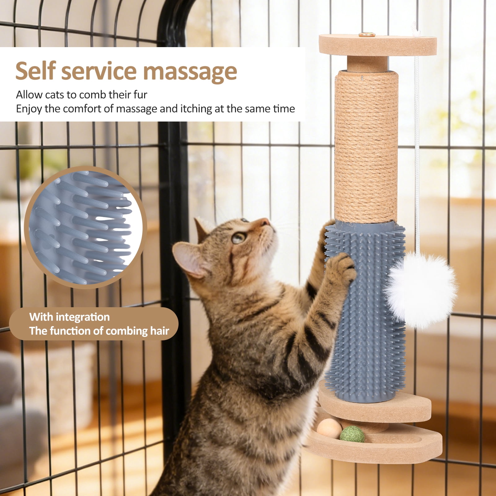 Threns Cat Scratching Post,Kitten Scratching Post with Track Ball Toy for Indoor Cage Cage,Mounted with Self Groomer and Massager Kennel Playpen Accessories