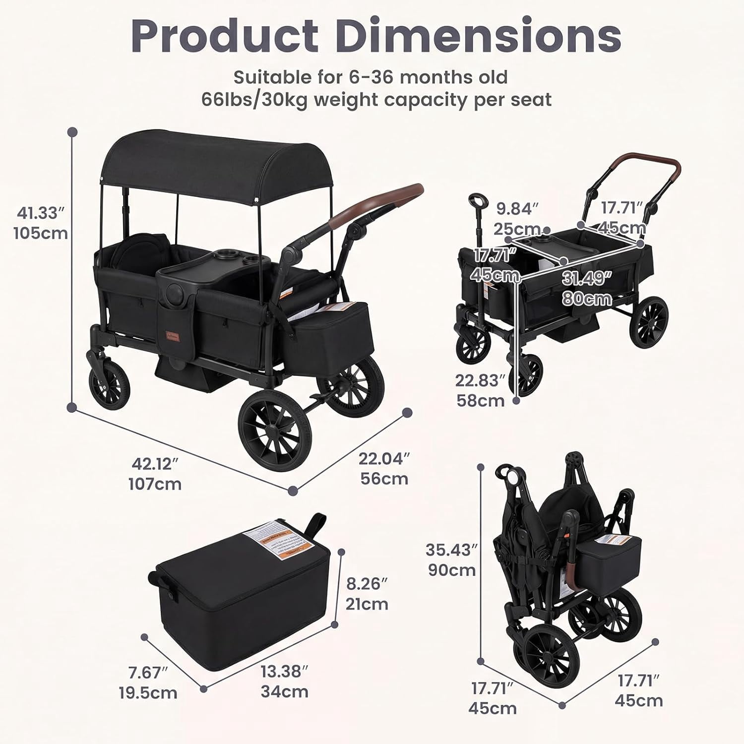 INFANS Wagon Stroller for 2 Kids, Foldable Wagon Cart with Adjustable Handle Pull Bar, Removable Canopy, Footwell, Snack Tray, Harnesses for Infants Toddlers 6-36 Months