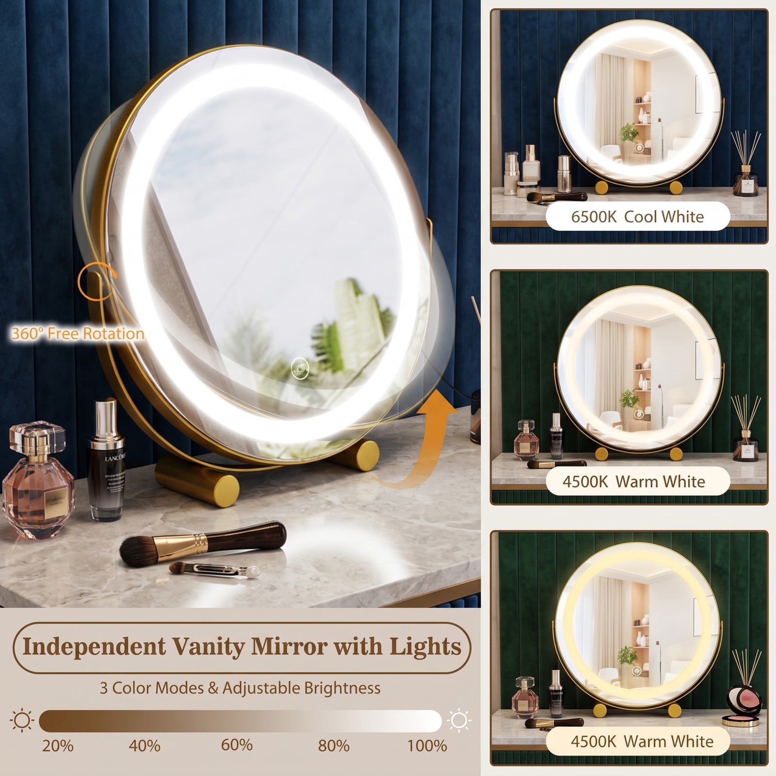Furnibear Vanity Desk with Lighted Adjustable Mirror, Makeup Dressing Table with 2 Drawers, Outlets and Cushioned Stool for Bedroom, Rustic Brown