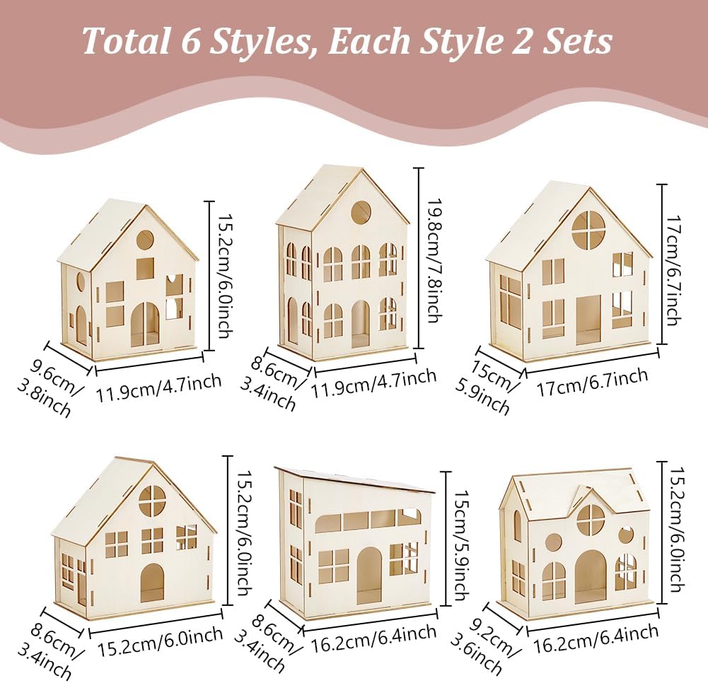 12pcs DIY Christmas Village Sets Unfinished Wooden Houses for Crafts 6 Styles Mini Unassembled House for Indoor Room Landscape Holiday Party Desktop Decoration