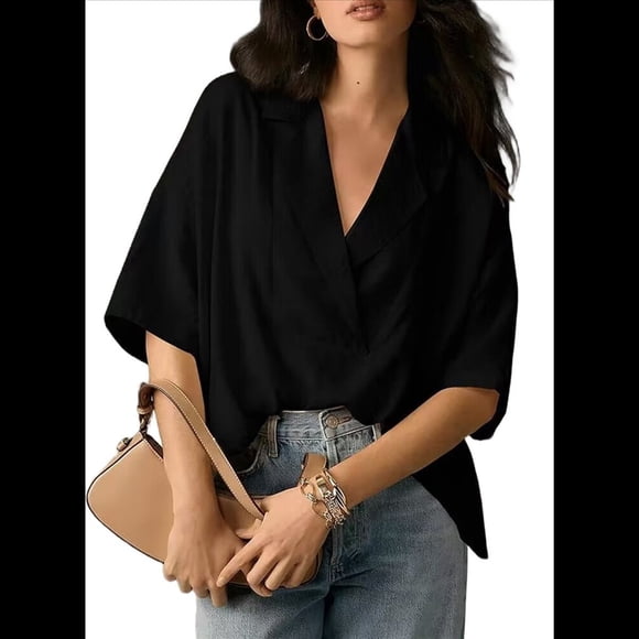 Blusa Informal Elegante para Mujer, de Negocios, de Corta, con Cuello en V y Tapeta, Color Negro, Talla XL