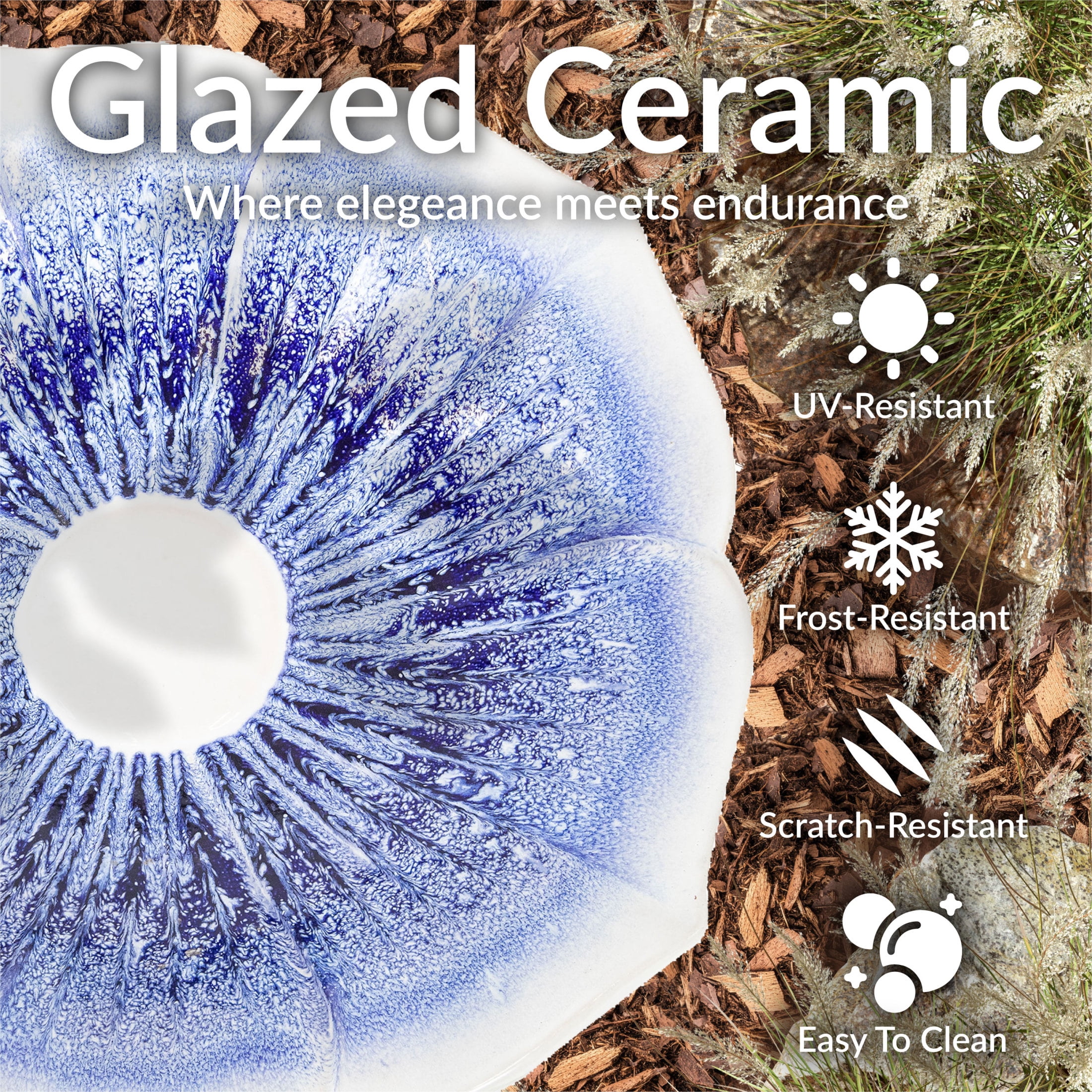 Sunnydaze Misty Blossom Freestanding Ceramic Outdoor Bird Bath, UV-Resistant White and Blue Finish