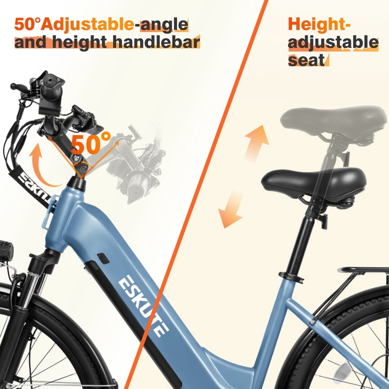 ESKUTE C200 Electric Bike for Adults, 1300W Peak Power Ebike, 28MPH Step-Thru E-Bicycle with 840Wh Removable Battery, Up to 70 Miles, 26" Tires, 7 Speed ,Blue with Phonebag & Lock, UL2849