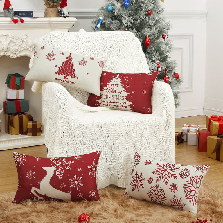 GlowSol 12x20 inch Christmas Throw Pillow Covers Set of 4 Elk Snowflakes  Xmas Tree Xmas Decorations Sofa Couch Rectangle Cushion Cases for Bedroom