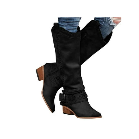 

Lacyhop Women Walking Comfort Pull On Shoe Non Slip Pointed Toe Vintage Boot Casual Wide Calf Riding Boots Black 8.5