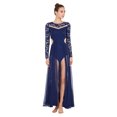 thumbnail image 2 of TiaoBug Women's Floral Lace Long Sleeve Lyrical Ballet Leotard Dress Flowy Mesh Modern Contemporary Dance Dress Navy Blue M, 2 of 7