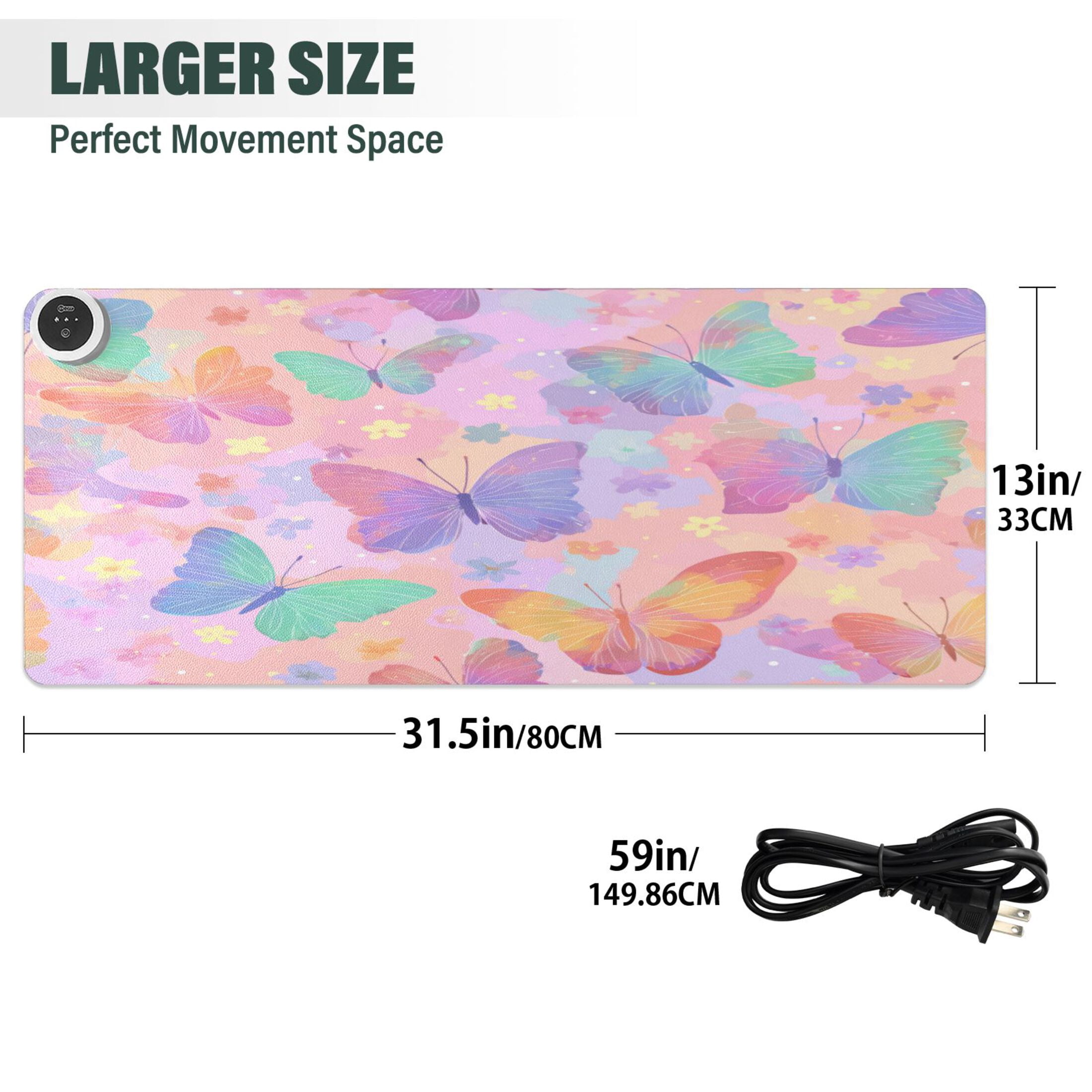 Large Heated Desk Mat Mouse Pad 31.5"x13"PU Leather Graphene Heating Desk Warmer with 3 Temperature Settings 110V US Plug Non-Slip Warm Pad for Home, Office, and Gaming Peach Pastel Butterfly Flutter