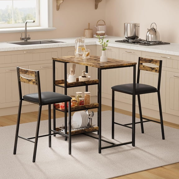 3-Piece Counter Height Bar Kitchen Table Set,Rustic Wood Dining Table with 2 Upholstered Bar Height Chairs for Small Spaces, Apartment