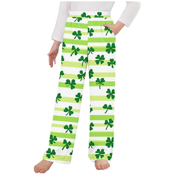 YUNAFFT Boys & Girls St. Patrick's Day Print Elastic Waist Straight Leg Lounge Pants With Pockets For 2-12Y