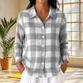 thumbnail image 2 of Women's Gingham Plaid Button Down Shirt Oversized Lapel Collar Long Sleeve Tunic Blouses Lightweight Soft Blouse Tops Casual Streetwear Gray, 2 of 6